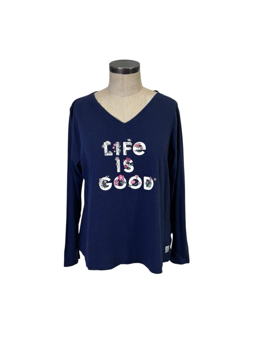 Life Is Good V Neck Sleep Shirt Top XXL Navy Blue Floral Long Sleeve